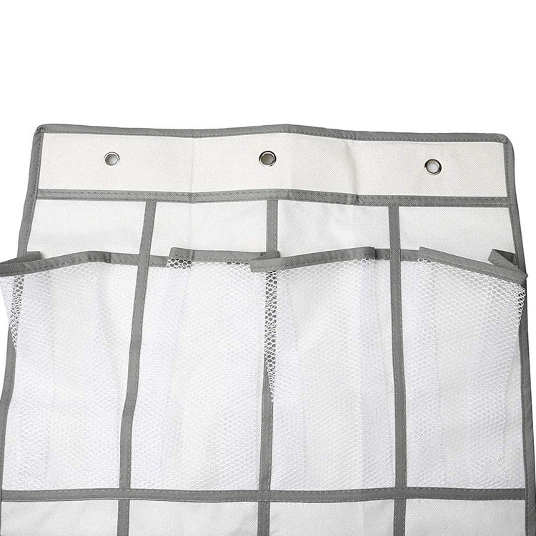 Door Hanging Clothes Storage Organiser with mesh pockets and travel clip